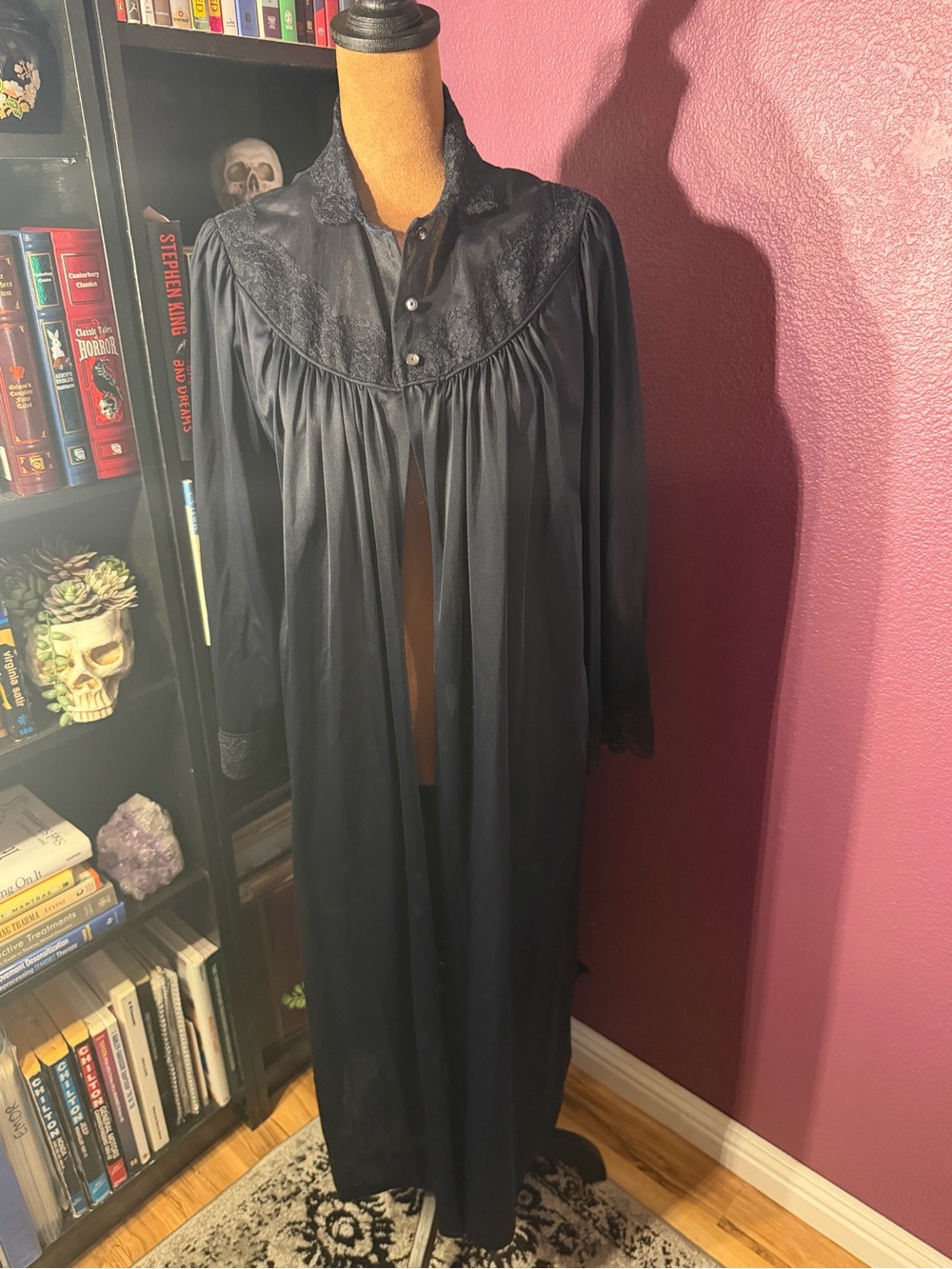 Vintage Black Long nylon and Lace Robe